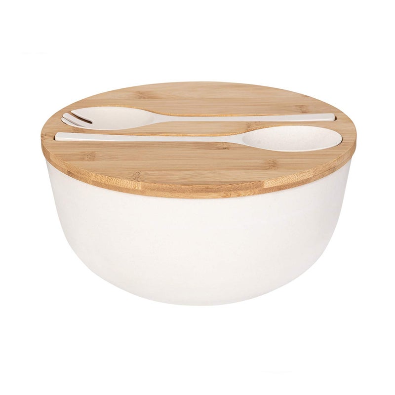 GEHE Bamboo Salad Bowl with Servers Set - Large 9.8 inches mixing bowls Solid Bamboo Salad Wooden Bowl with Lid Spoon for Fruits,Salads and Decoration (White, 9.8INCH) - Image 1